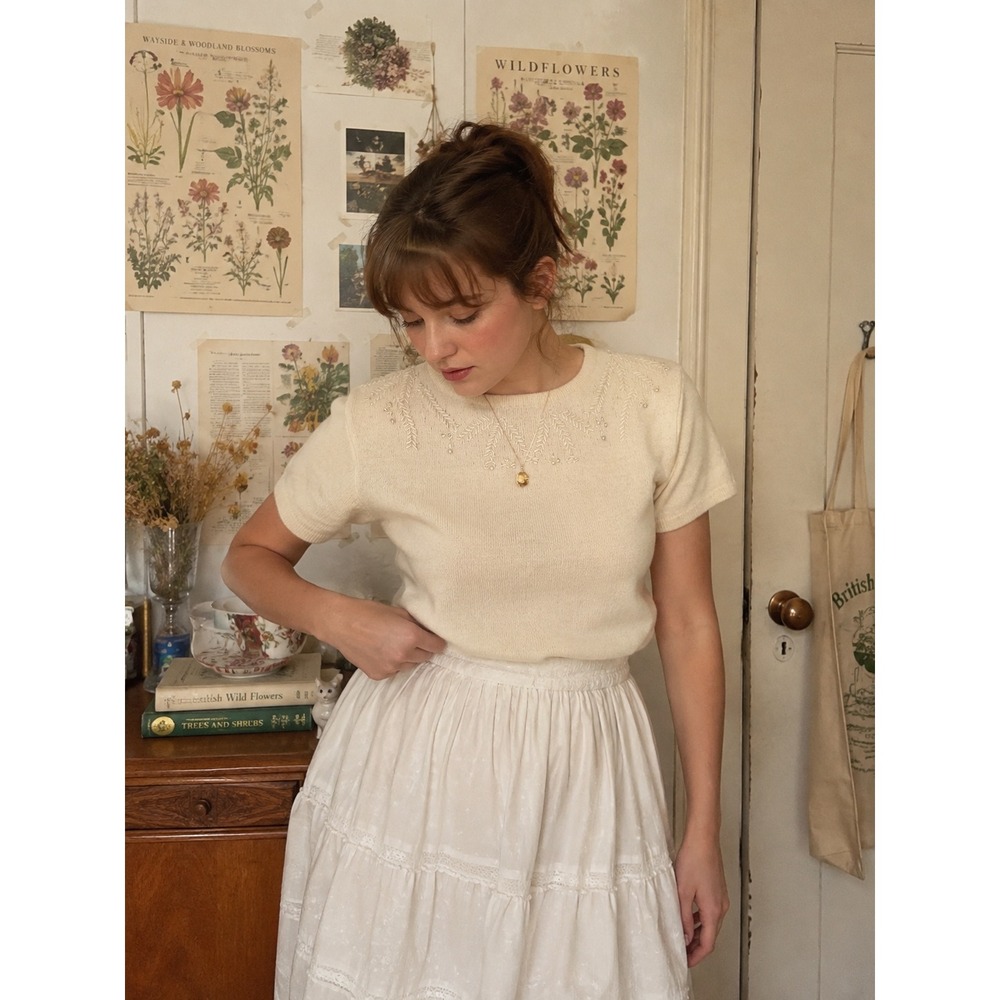 Vintage Rafaella Angora Lambswool Beaded Short Sleeve Sweater Cream- XS